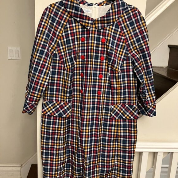 Checked A-Line Dress With Red Buttons - Picture 2 of 8